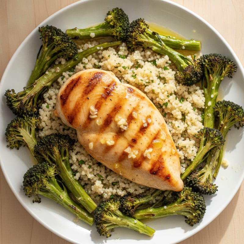 Grilled Lemon Garlic Chicken Breast with Quinoa and Roasted Broccoli