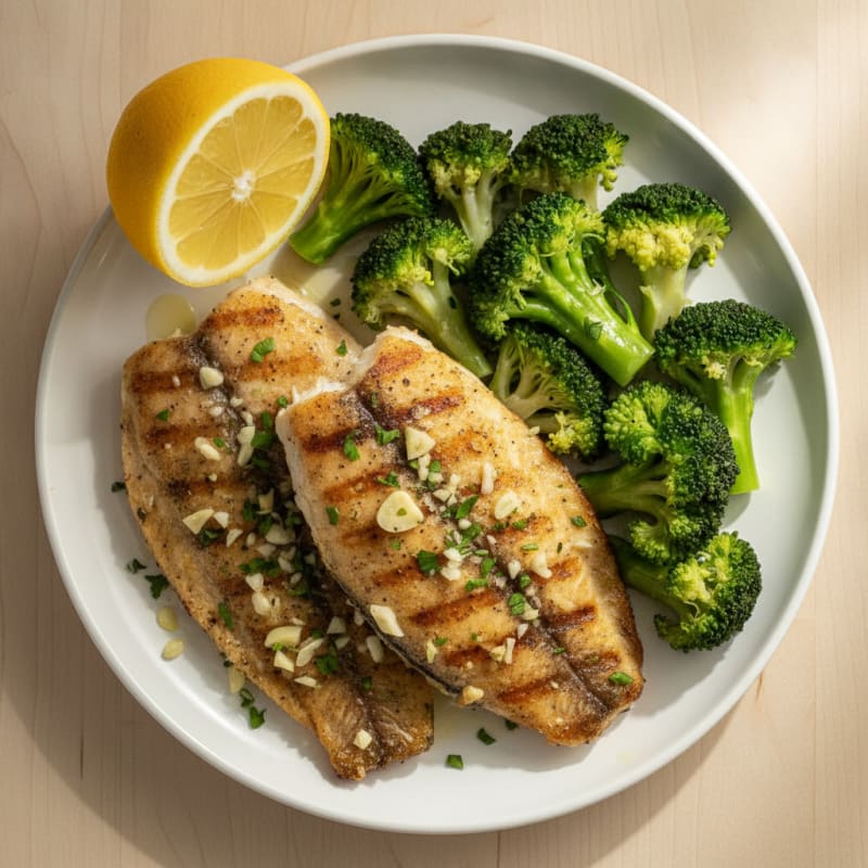 Seared Tilapia with Steamed Broccoli and Lemon
