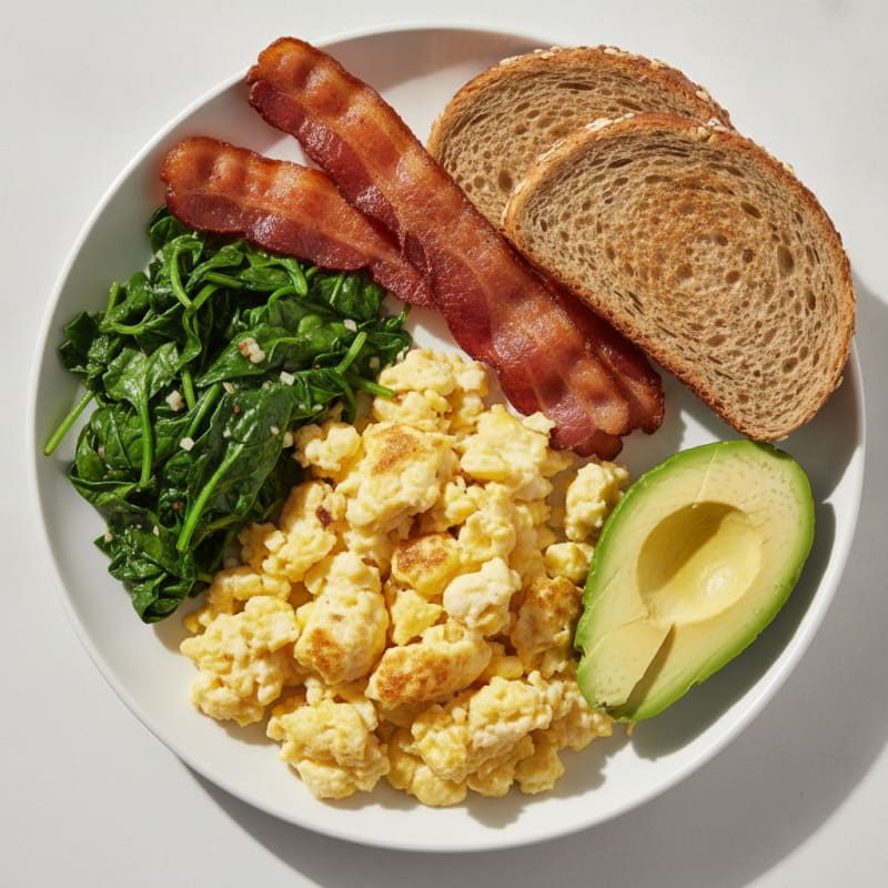 Scrambled Eggs with Turkey Bacon and Sautéed Spinach
