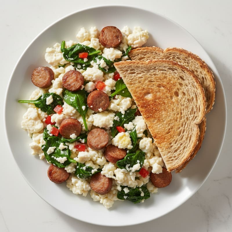 Egg White and Turkey Sausage Scramble with Sautéed Spinach