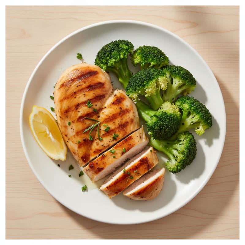 Grilled Chicken Breast with Steamed Broccoli and Lemon
