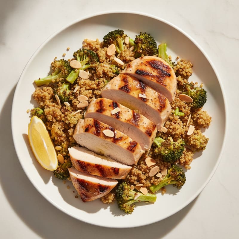 Grilled Chicken Breast with Crunchy Quinoa and Roasted Broccoli Salad
