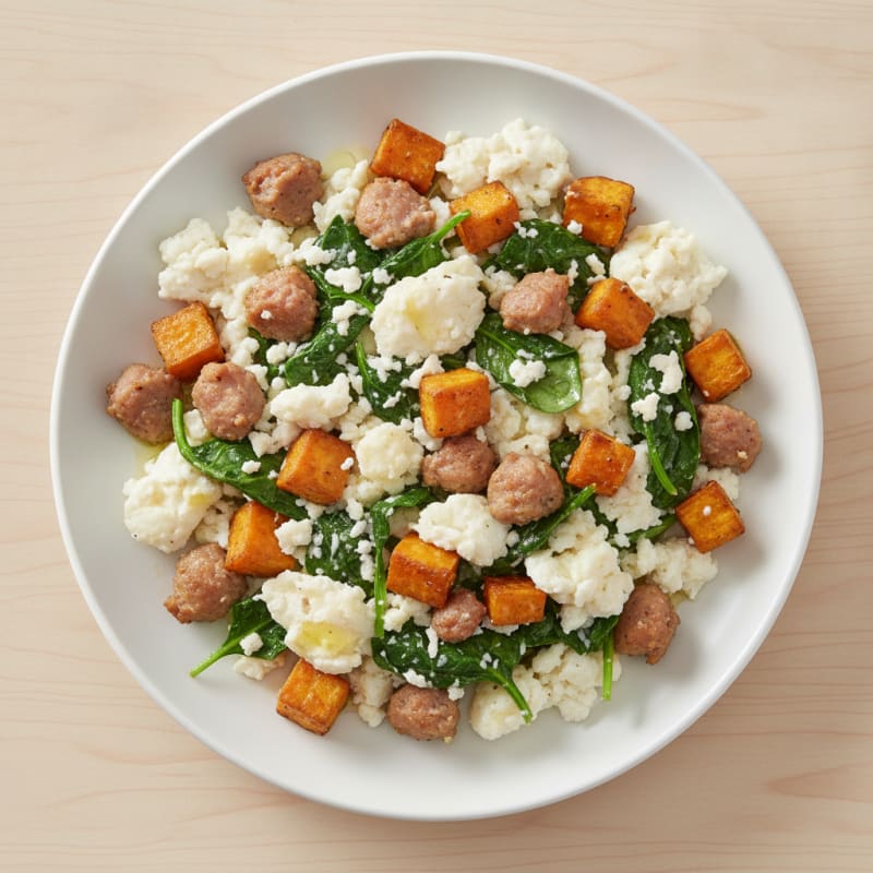 Egg White Scramble with Turkey Sausage and Sautéed Spinach