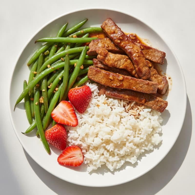 Seared Beef Strips with Garlic Green Beans and Jasmine Rice