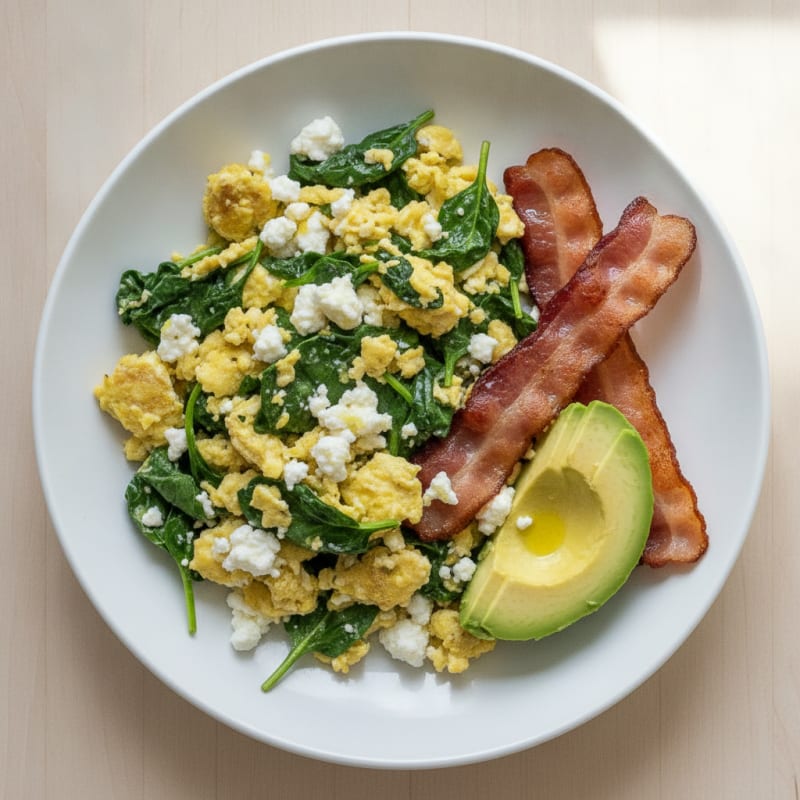 Cottage Cheese Scramble with Spinach and Turkey Bacon