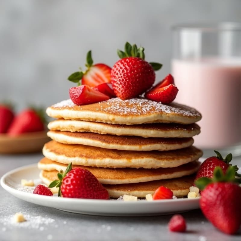 Fluffy Whole Grain Pancakes with Fresh Strawberries and Egg Whites plus Protein Yogurt Drink