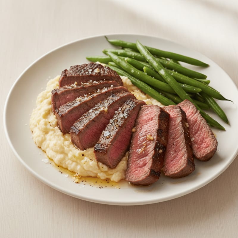 Seared Lean Beef with Steamed Green Beans and Cauliflower Mash