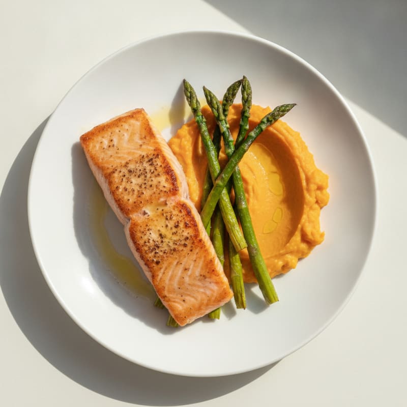 Seared Salmon Fillet with Roasted Asparagus and Sweet Potato Mash
