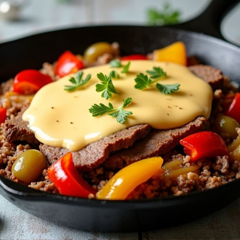 Tender Sliced Beef Skillet with Peppers, Onions, and Creamy Cheese