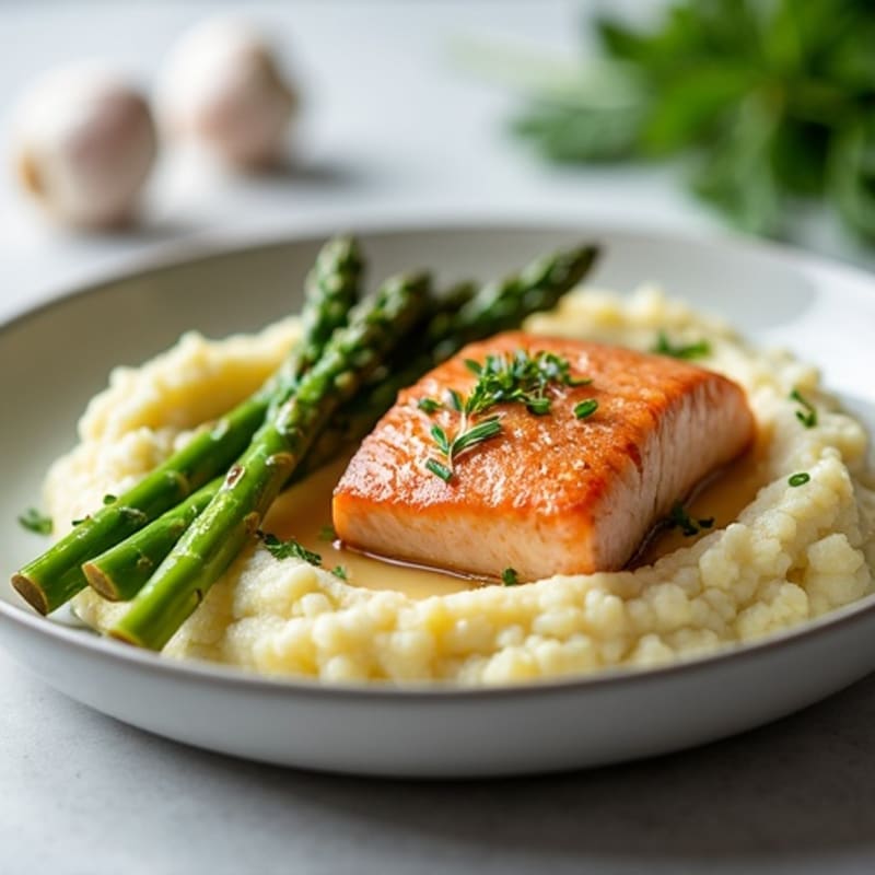 Seared Salmon with Steamed Asparagus and Garlic Mashed Cauliflower