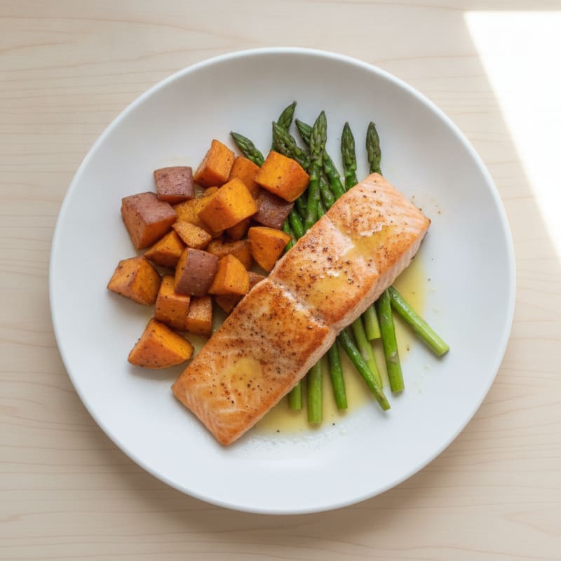 Seared Salmon with Roasted Sweet Potatoes and Asparagus
