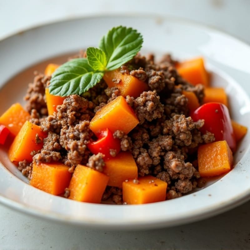 Lean Ground Beef and Roasted Sweet Potato Hash