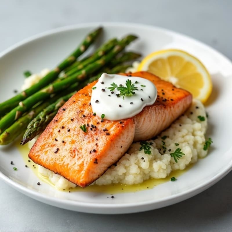 Seared Salmon with Steamed Asparagus and Cauliflower Mash