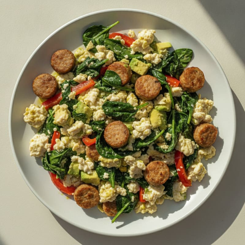 Egg White Scramble with Turkey Sausage and Sautéed Spinach
