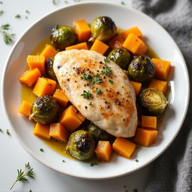 Tender Baked Chicken Breast with Roasted Brussels Sprouts and Butternut Squash