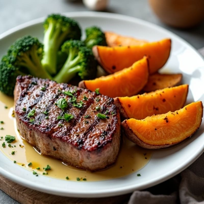 Seared Steak with Garlic Roasted Broccoli and Sweet Potato Wedges