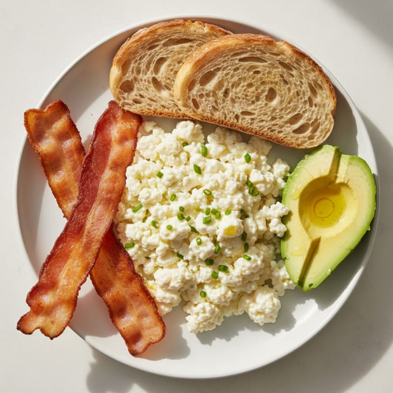 Crispy Turkey Bacon and Egg White Scramble with Cottage Cheese and Avocado