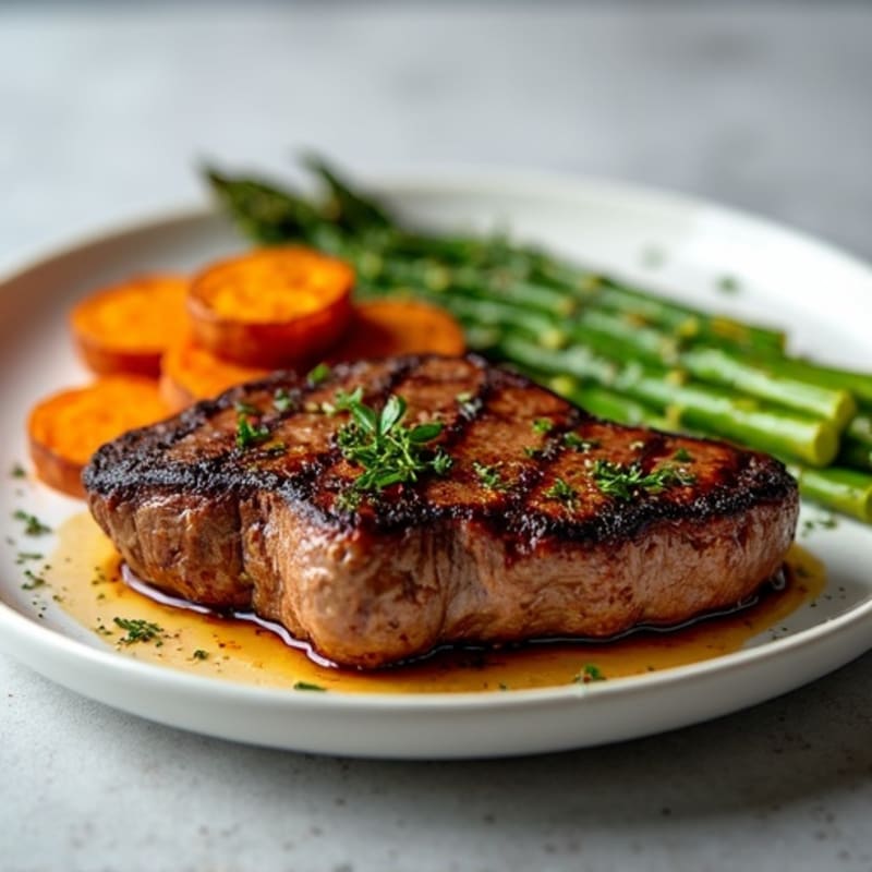 Juicy Pan-Seared Steak with Roasted Asparagus and Crispy Sweet Potatoes