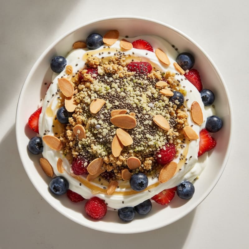 Creamy Greek Yogurt Parfait with Mixed Berries and Chia Protein Crunch