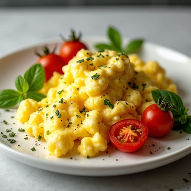 Fluffy Scrambled Eggs with Fresh Herbs and Roasted Tomatoes
