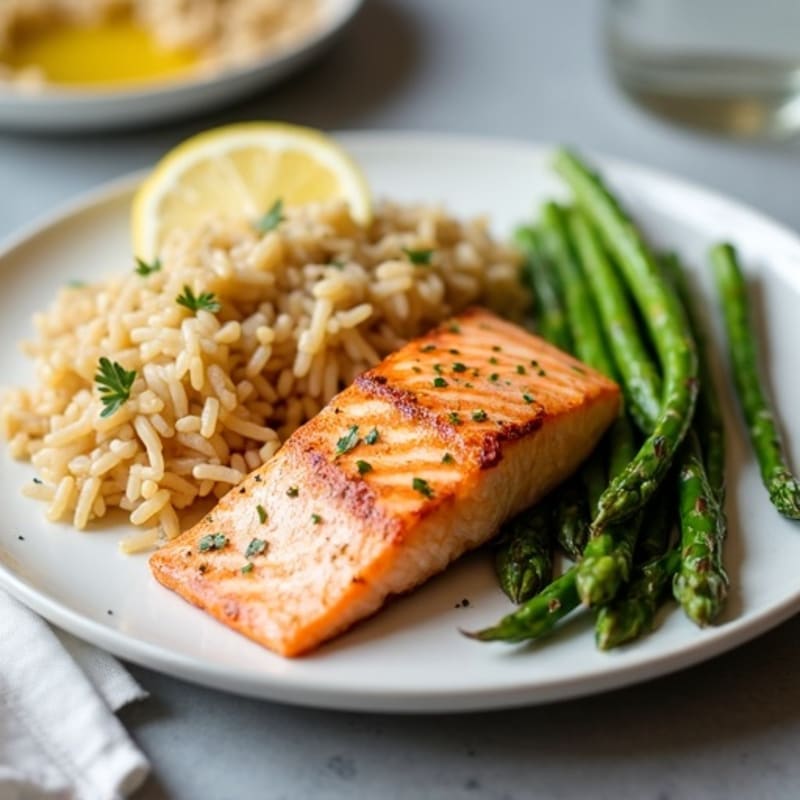 Seared Salmon with Steamed Asparagus and Brown Rice