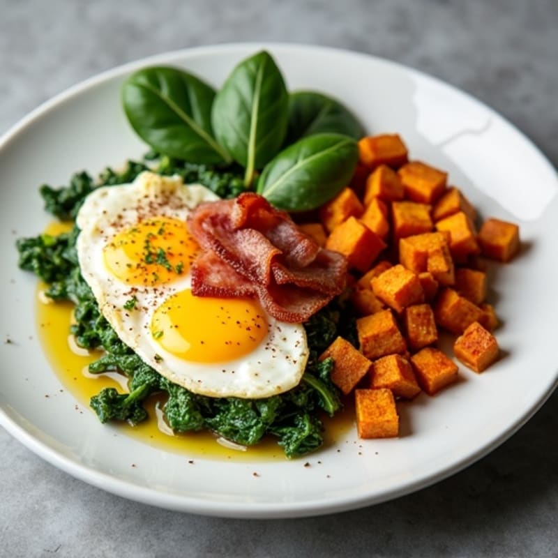 Egg White Scramble with Spinach, Turkey Bacon & Sweet Potato Hash