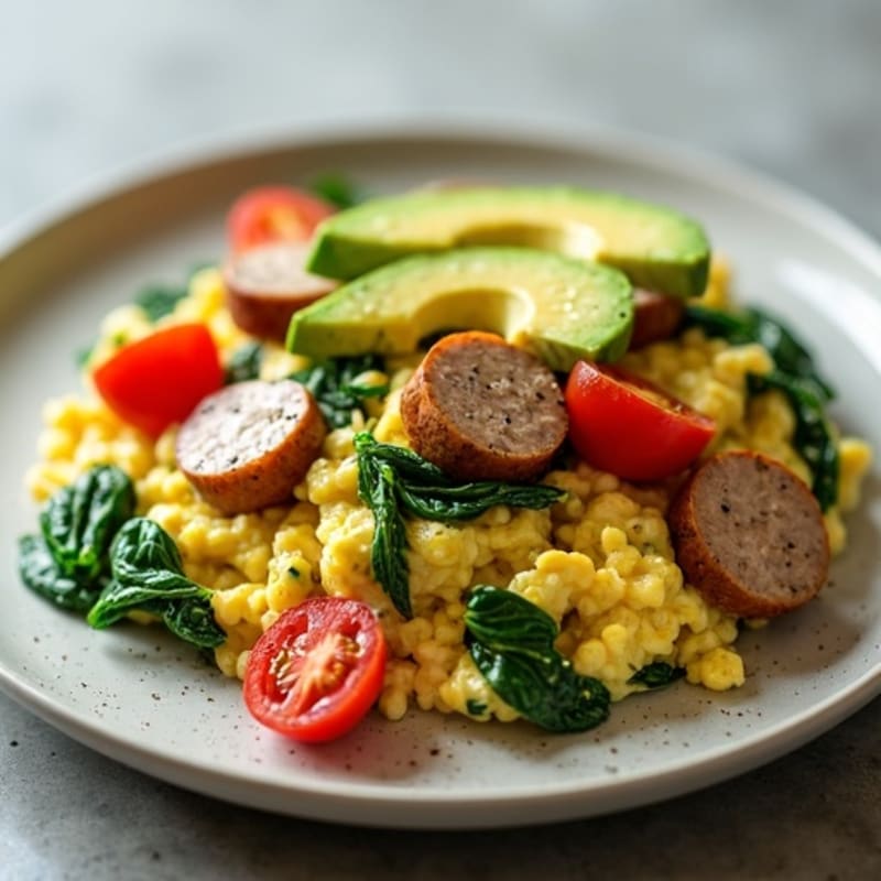 Egg White Scramble with Chicken Sausage and Spinach