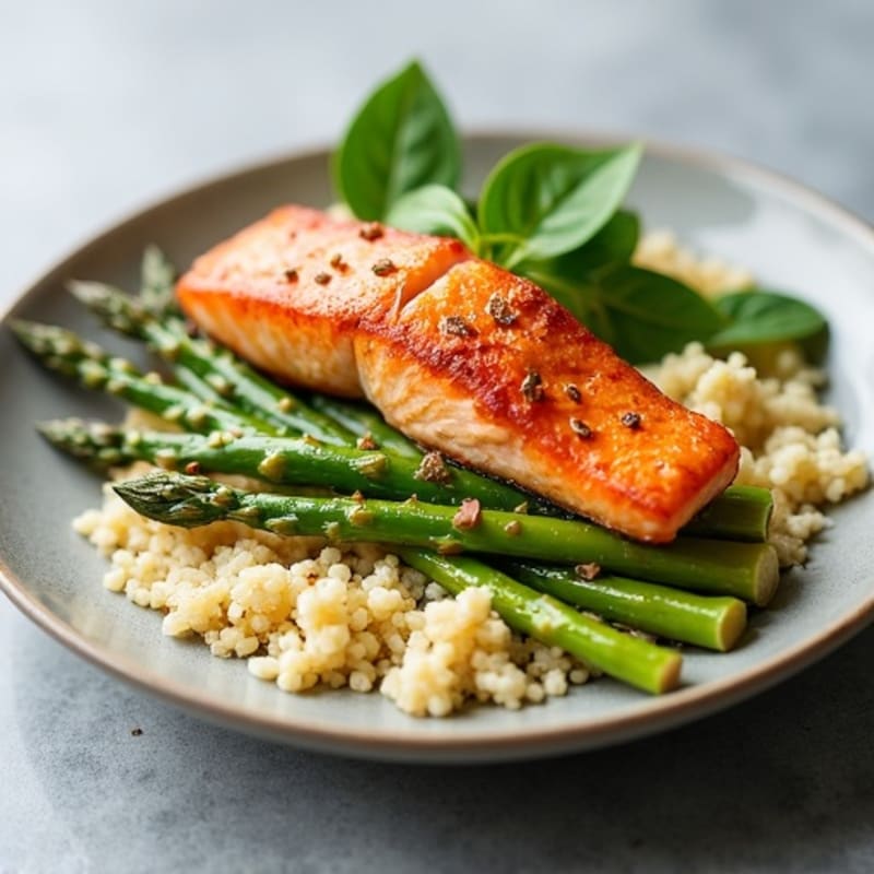 Seared Salmon Fillet with Roasted Asparagus and Cauliflower Rice