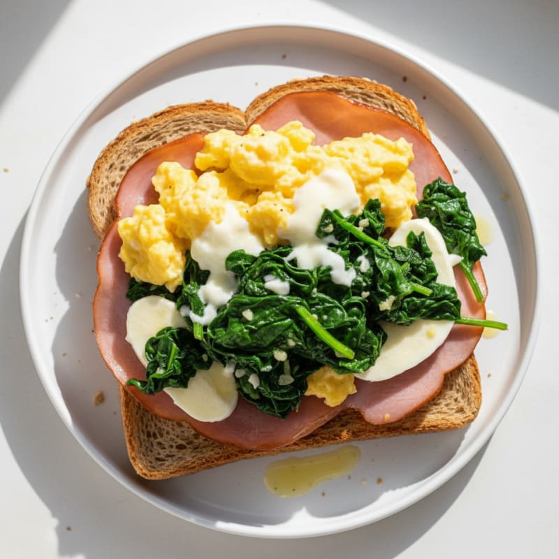 Egg and Ham Toast with Sautéed Spinach