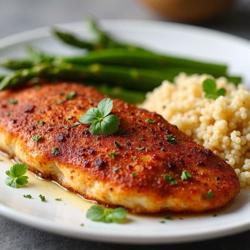 Crispy Blackened Catfish with Roasted Asparagus and Quinoa