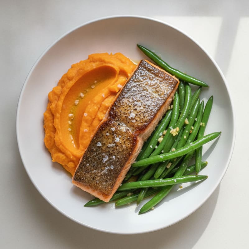 Seared Salmon Fillet with Garlic Green Beans and Sweet Potato Mash