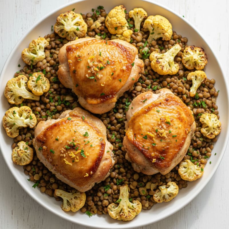 Oven-Baked Chicken Thighs with Roasted Cauliflower and Lentils