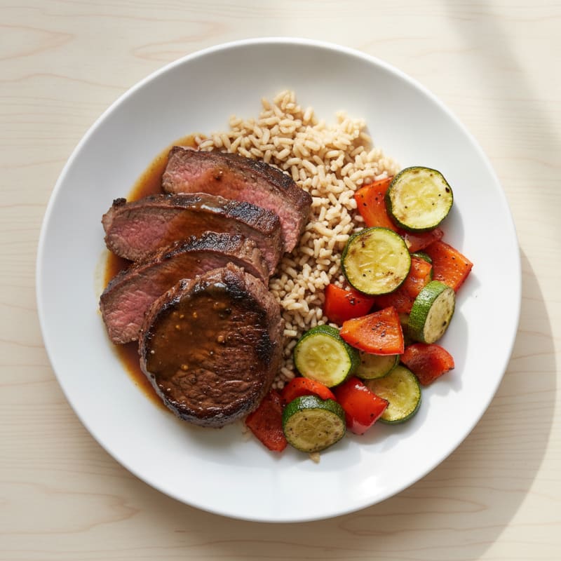 Pan-Seared Steak with Roasted Vegetables and Brown Rice