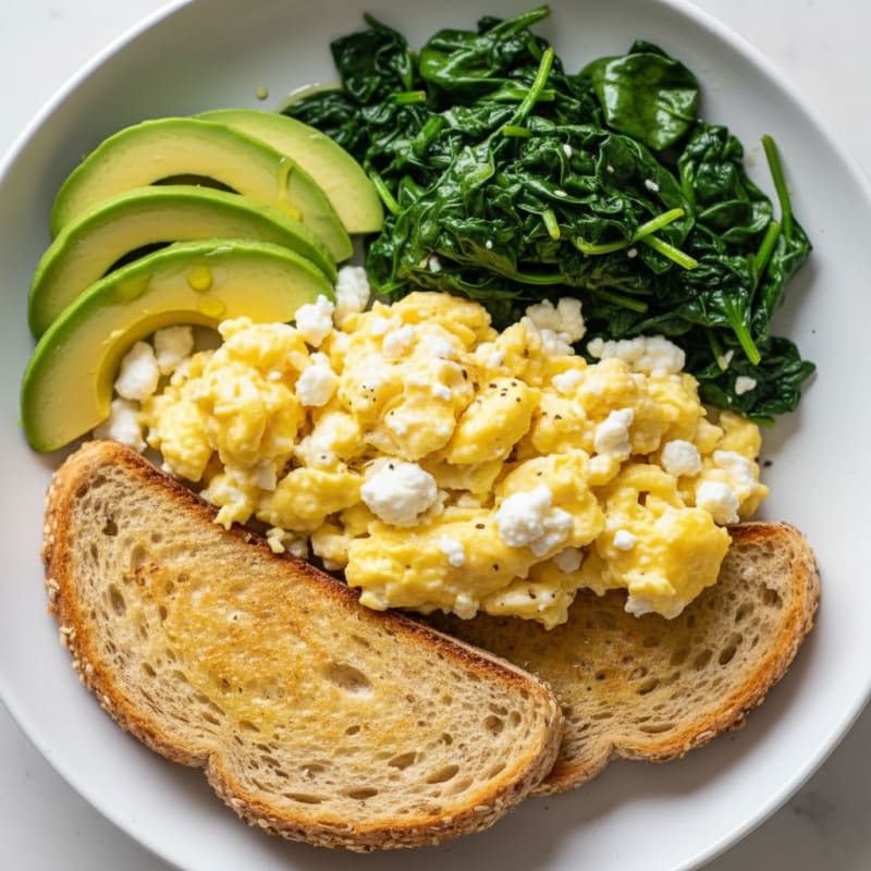 Scrambled Eggs with Cottage Cheese and Sautéed Spinach