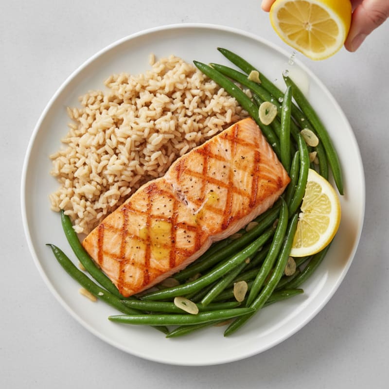 Seared Salmon with Garlic Green Beans and Brown Rice