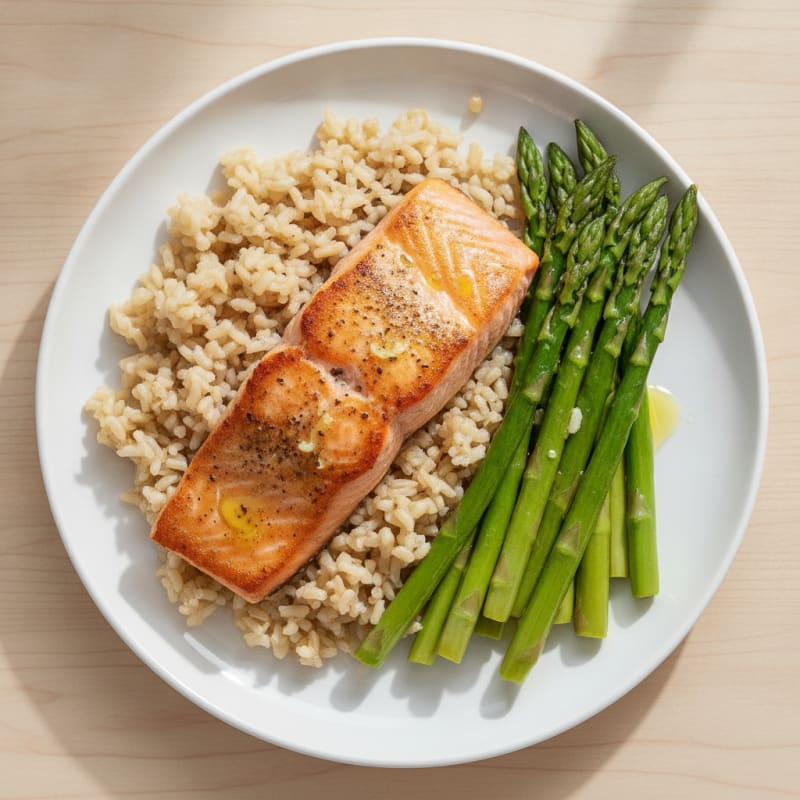 Seared Salmon Fillet with Steamed Asparagus and Brown Rice