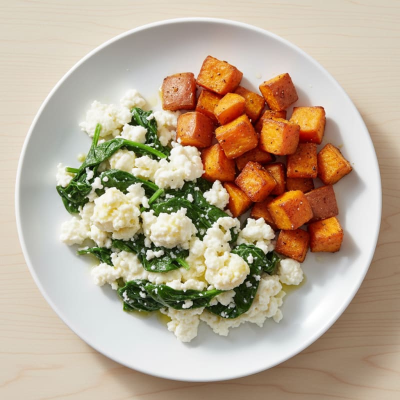 Cottage Cheese Egg White Scramble with Spinach and Roasted Sweet Potatoes