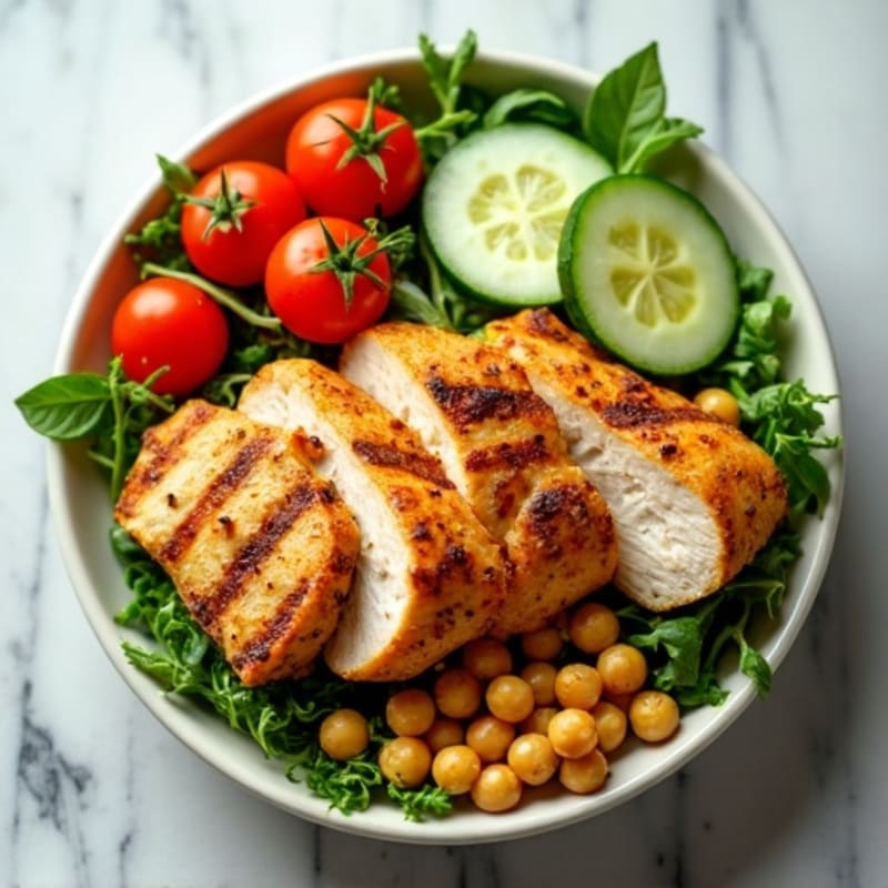 Grilled Chicken Breast Salad with Crunchy Chickpeas and Mixed Greens
