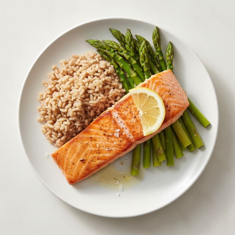 Seared Salmon with Steamed Asparagus and Brown Rice