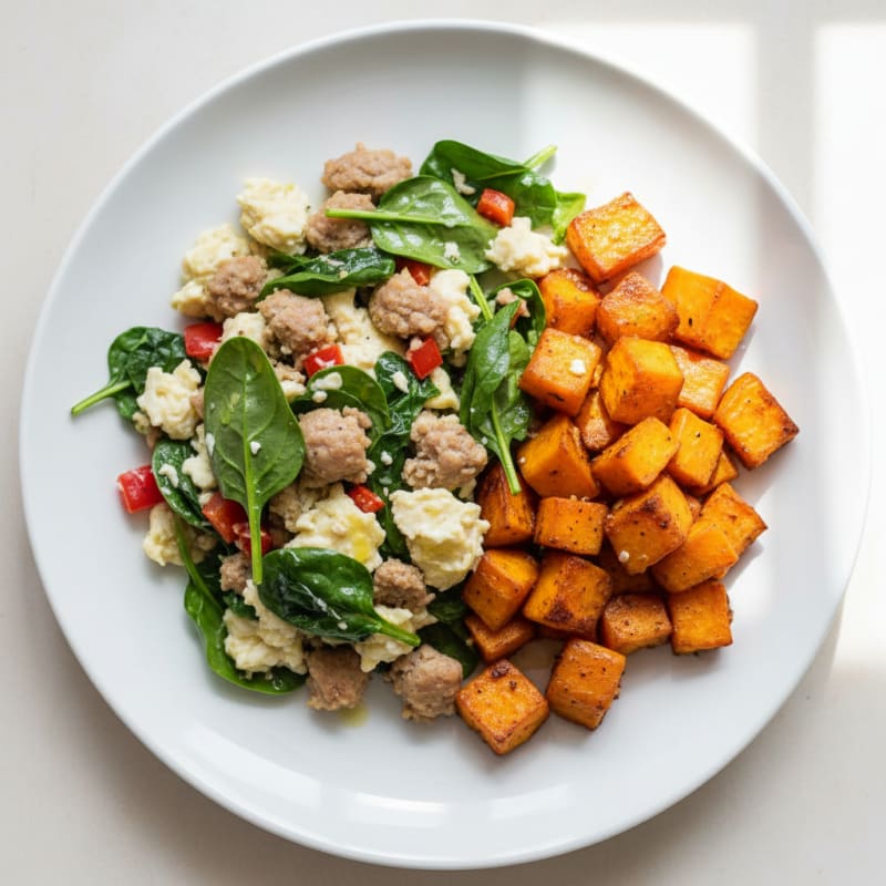 Egg White and Turkey Sausage Scramble with Roasted Sweet Potatoes