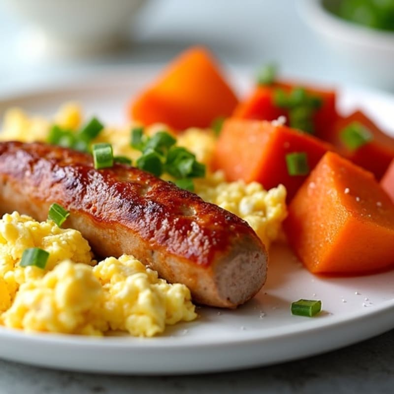 Crispy Turkey Sausage and Egg White Scramble with Roasted Sweet Potatoes