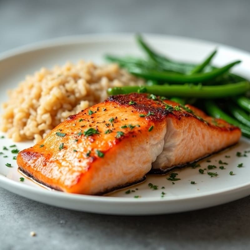 Seared Salmon Fillet with Garlic Green Beans and Brown Rice