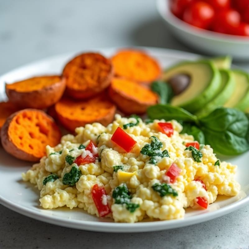 Cottage Cheese and Egg White Scramble with Roasted Sweet Potatoes