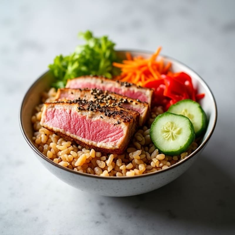 Fresh Tuna and Crispy Vegetable Rice Bowl with Sesame Ginger Dressing