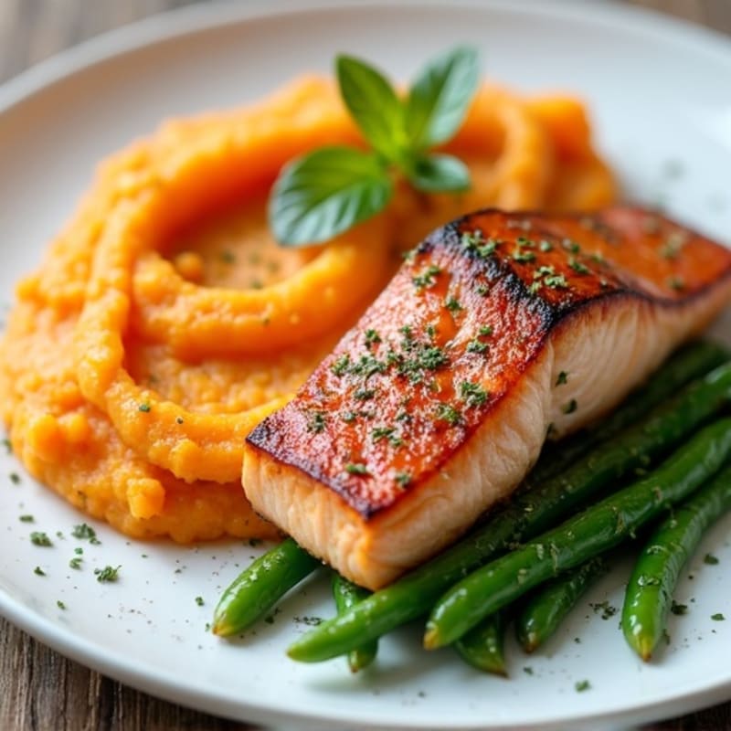 Seared Salmon with Garlic Green Beans and Sweet Potato Mash