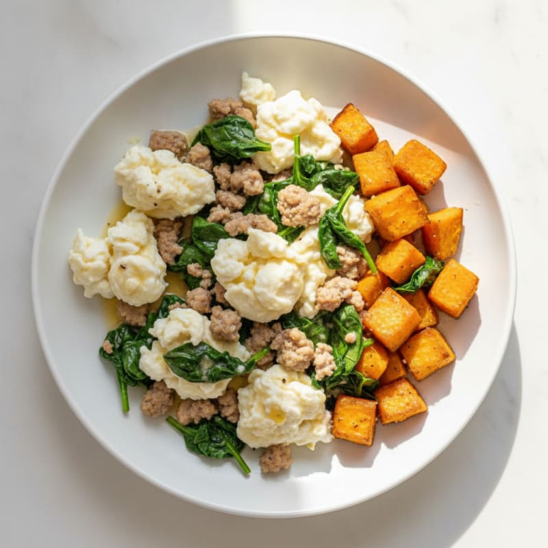 Egg White and Turkey Sausage Scramble with Spinach and Roasted Sweet Potato