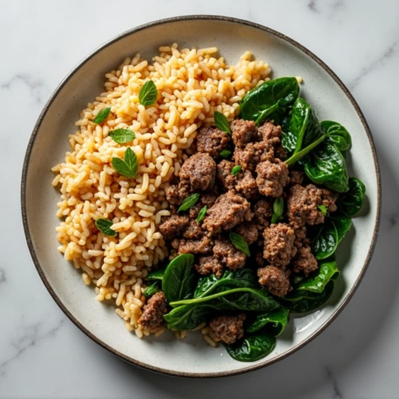 Lean Ground Beef and Rice Skillet with Sautéed Greens