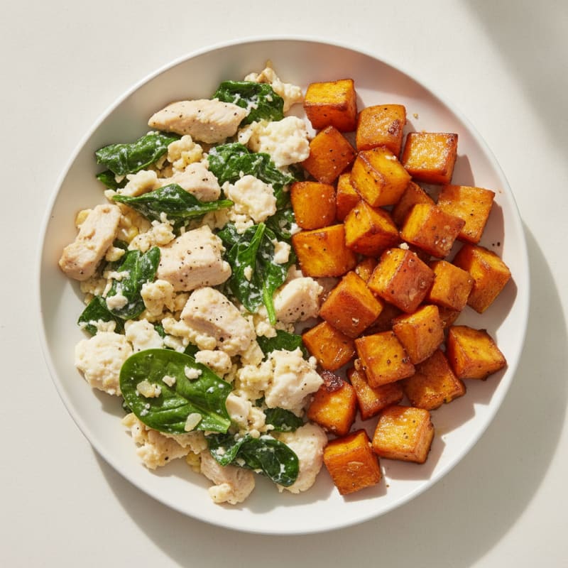 Chicken Egg White Scramble with Spinach and Roasted Sweet Potatoes