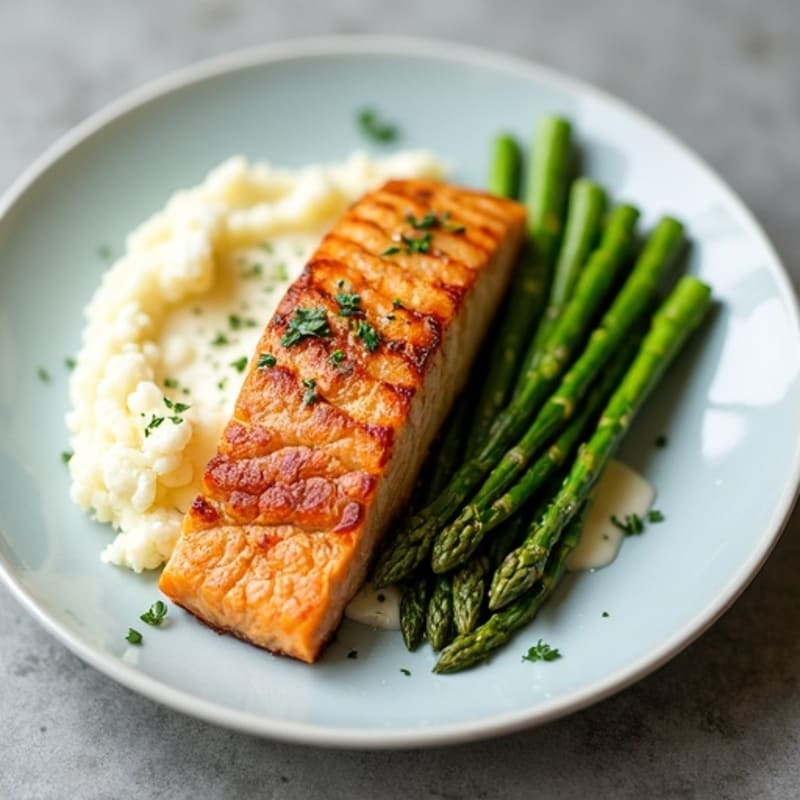Seared Salmon with Steamed Asparagus and Cauliflower Mash