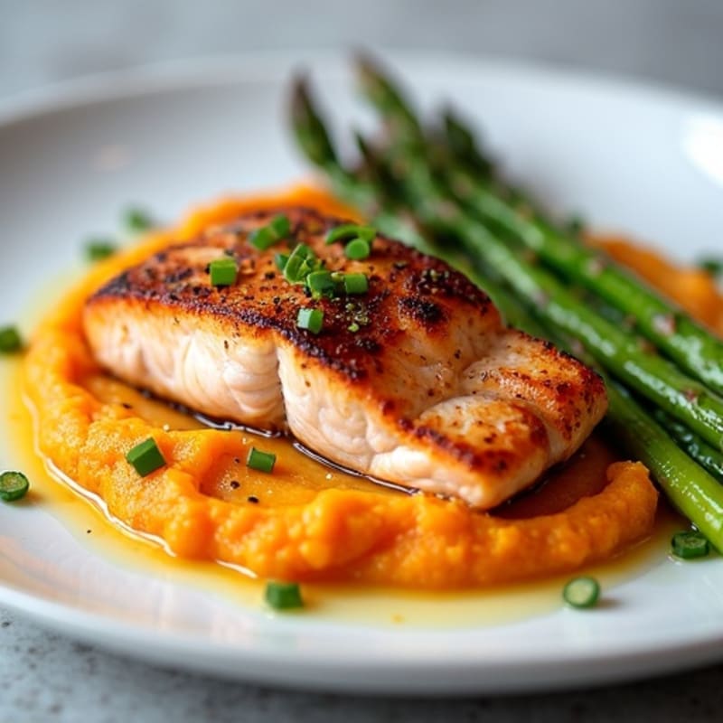 Seared Salmon with Roasted Asparagus and Sweet Potato Mash